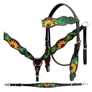 Bar H Equine Horse Genuine Leather Floral Design Hand Painted Tack Set Brown